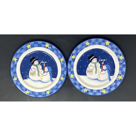 (2) SANDI GORE EVANS THE S'MORES THE MERRIER Jolly Follies Dinner Plates Snowmen - Picture 2 of 13